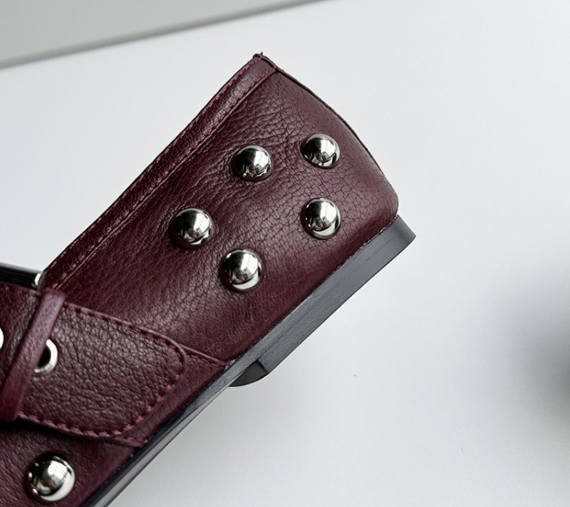 Women'S Shoes Burgundy - Dave&di 夏ミニマリストシープスキンリベットバックルバレエフラットシューズ女性用バーガンディラウンドトゥローファーフラットシューズ女性用