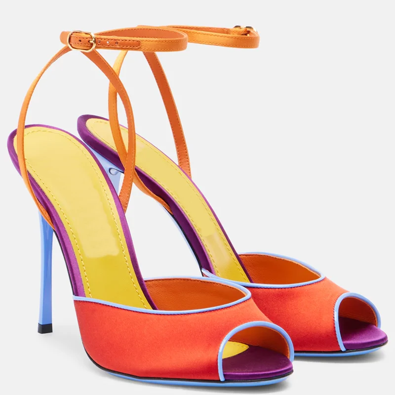 Peep Toe Heels - サテン混合色のピープトゥサンダル、セクシーなラウンドトゥ、細ヒール、バックストラップ、カスタマイズ可能な新作、ファッショナブルな女性用モダンシューズ