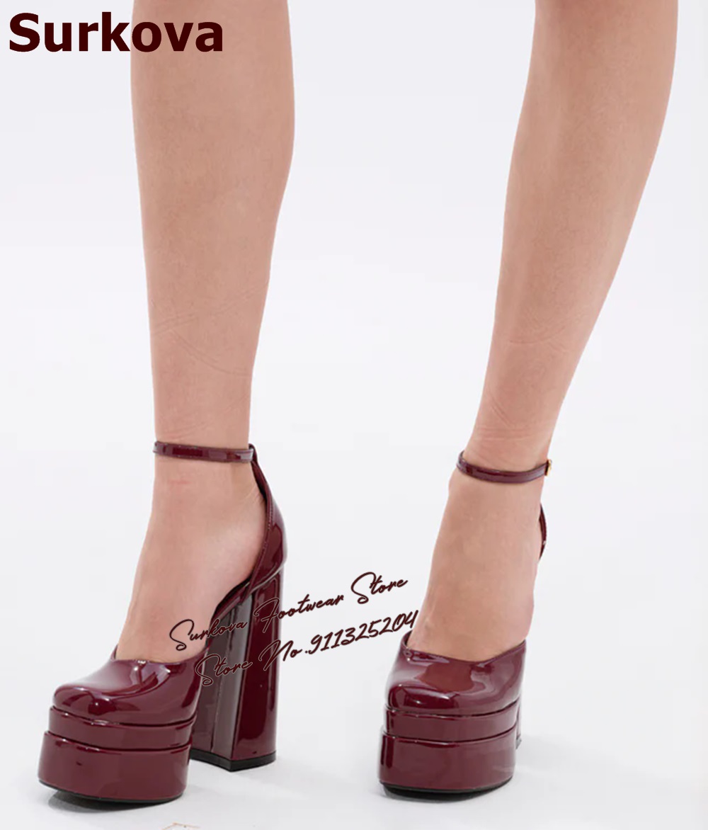 Women'S Shoes Burgundy - Surkova ブルゴーニュパテントレザーチャンキーヒールドレスパンプスハイプラットフォームブロックヒールイブニングパーティーシューズバックルエレガントな靴
