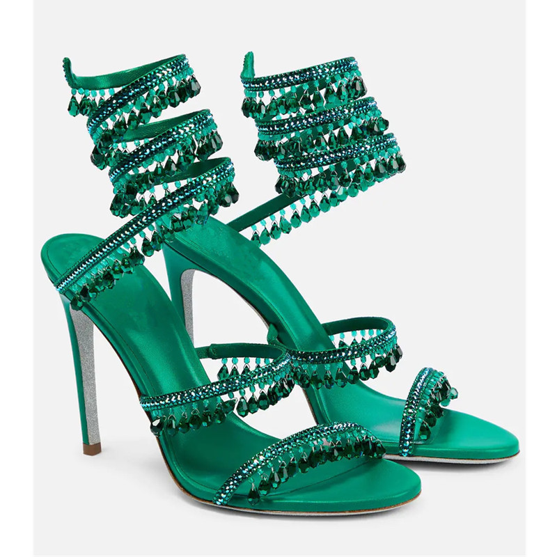 Peep Toe Heels - セクシーなグリーンクリスタルフリンジスティレットサンダル女性のラウンドトゥピープトウハイヒールラインストーンシューズセクシーなレディースパーティーシューズ