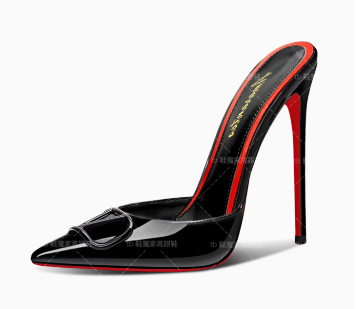 Patent Leather Pump - レディース向け新作ブラックポインテッドトゥサンダル、Vボタンハイヒール、極細ヒール、アウトドアウェア用バックハーフスリッパ