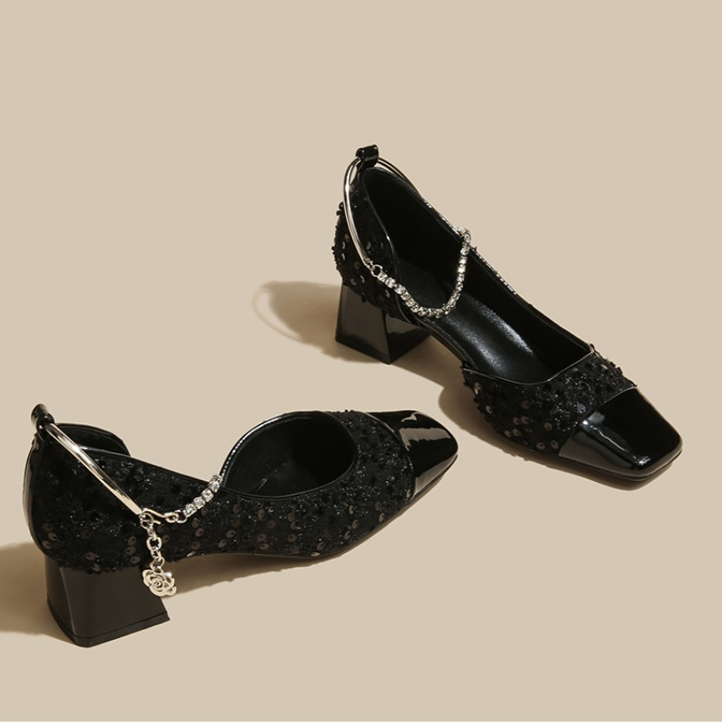 Women Shoes Mk - 2025 新人デザイナー春スクエアトゥスパンコール女性メリージェーンの靴ファッション女性カジュアルバックル厚いヒールの靴