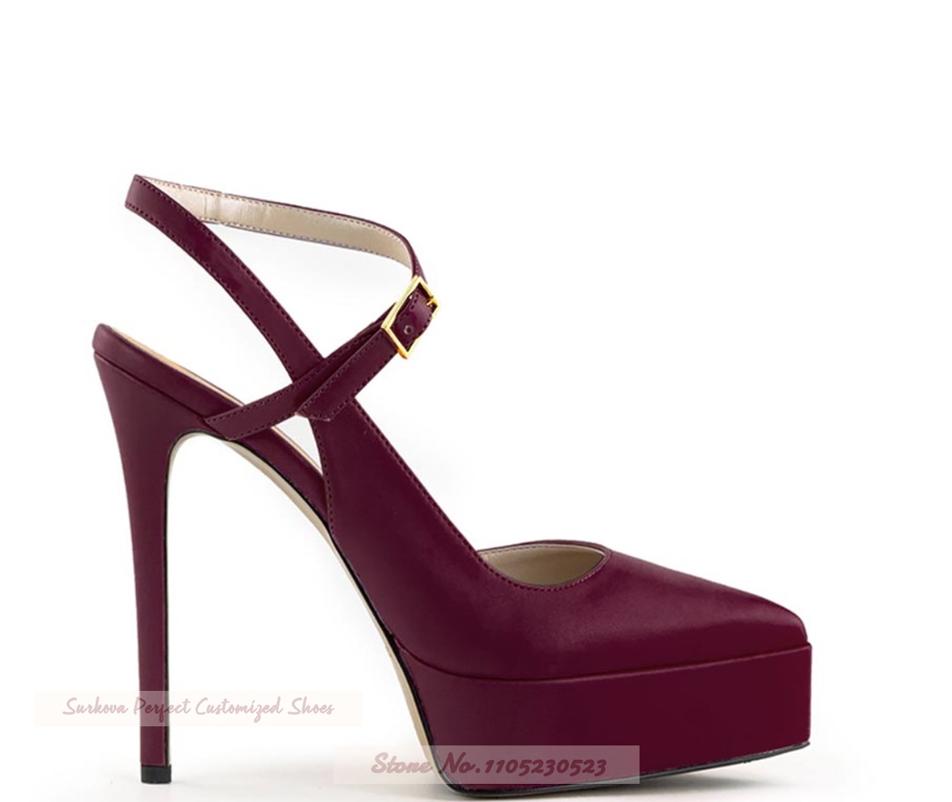 Women'S Shoes Burgundy - バーガンディ マット ポインテッドトゥ プラットフォーム ハイヒール シューズ