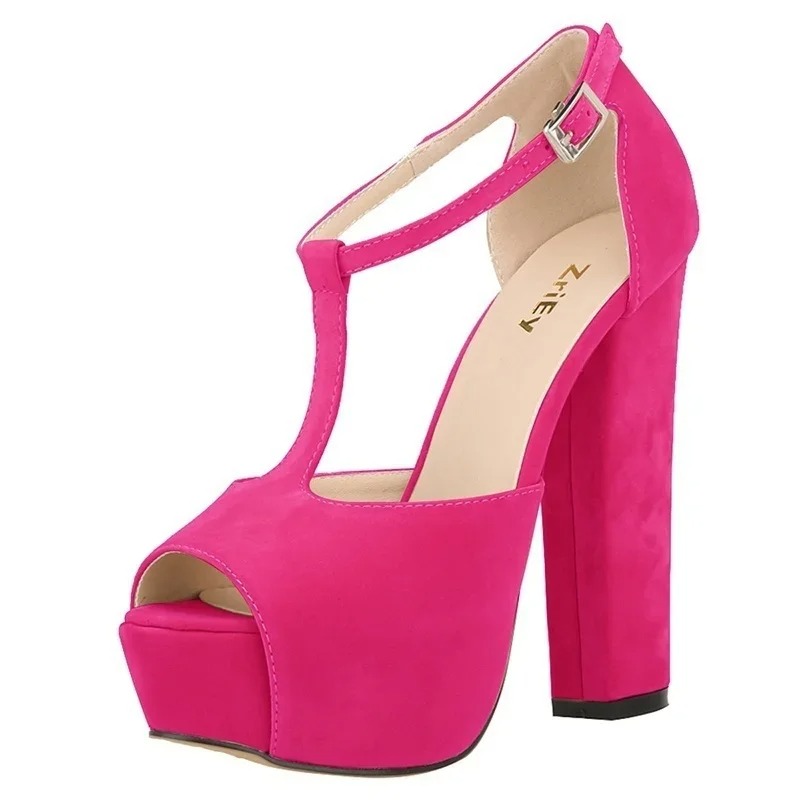 Peep Toe Heels - 女性サンダル夏セクシーなショーのぞき見つま先厚いハイヒールバックルファッションプラットフォームストリッパーパンプスガールズパーティークラブ結婚式の靴