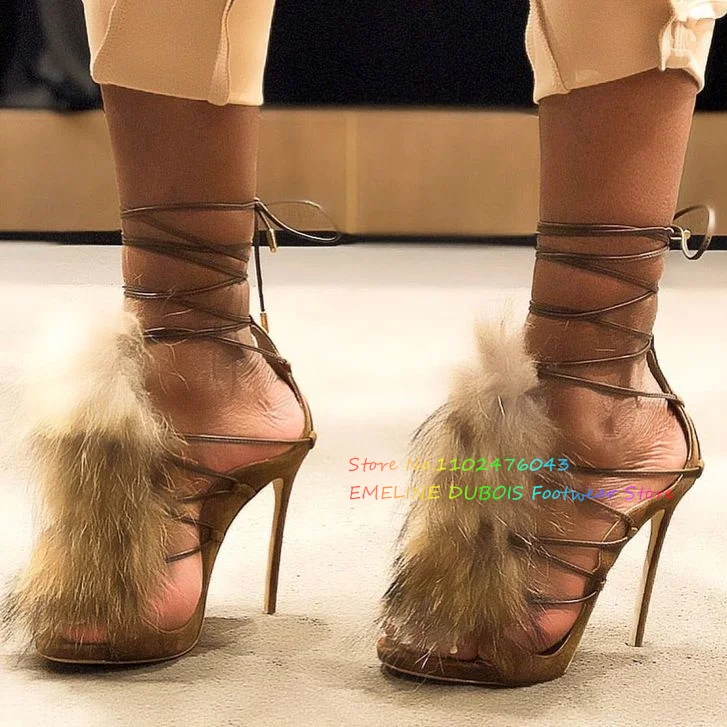 Suede Ankle Boot - 女性のための毛皮の装飾が施されたハイヒールのブーツ,セクシーなオープントゥ,スエードスティレットヒール,レースアップ,エレガントなイブニングドレスのサンダル,夏の靴