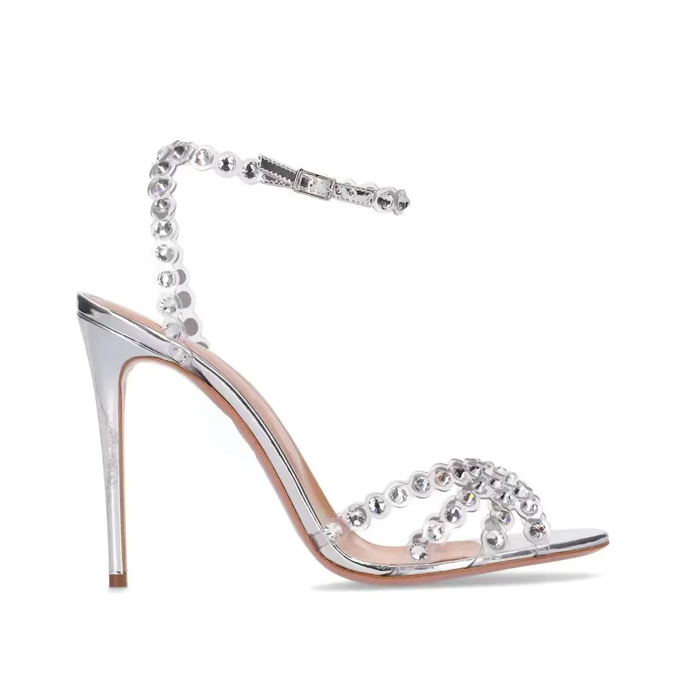 Peep Toe Heels - 社交界の名士向けプラスサイズシルバーヒールジェリーダイヤモンドサンダル、身長アップ効果のあるスティレットウェッジ、オープントゥ、ヘッドデザイン、ラインストーン付き