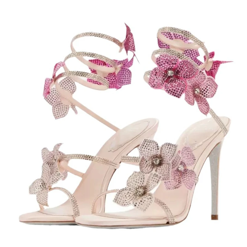 Peep Toe Heels - Eilyken セクシーなクリスタルフラワー薄型ハイヒールの女性のサンダルストリートスタイルナローバンドアンクルストラップポールダンスの女性の靴
