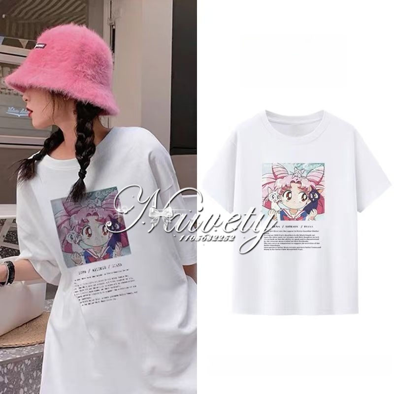 Women'S Shoes In The 90S - 90年代ノスタルジックなセーラームーンヴィンテージ柄コットンTシャツ夏カジュアルストリート半袖カップルヒップホップトップス男性女性用Y2k