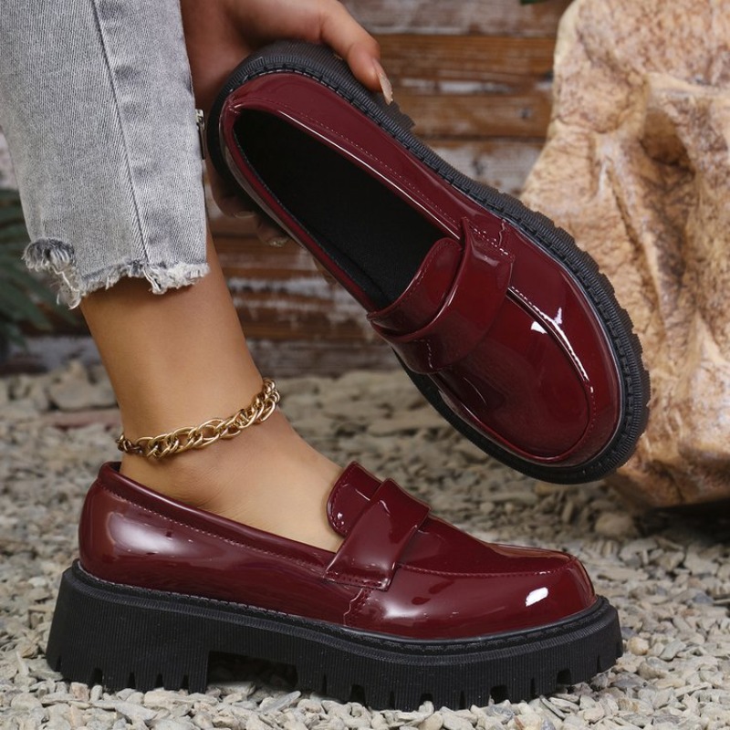 Patent Leather Pump - パテントレザーメッドヒールローファーシューズ女性ソリッドカラースリッポンプラットフォームパンプス女性厚底ノンスリップオフィスシューズ女性