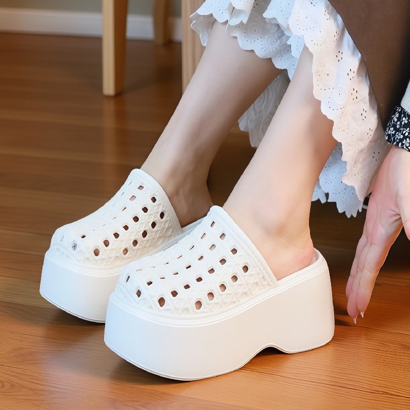 Women Shoes Model - チャンキー厚底7cmプラットフォームスリッパ レディース 中空穴あき通気性ミュールシューズ コンサイス女性身長アップサマースライド