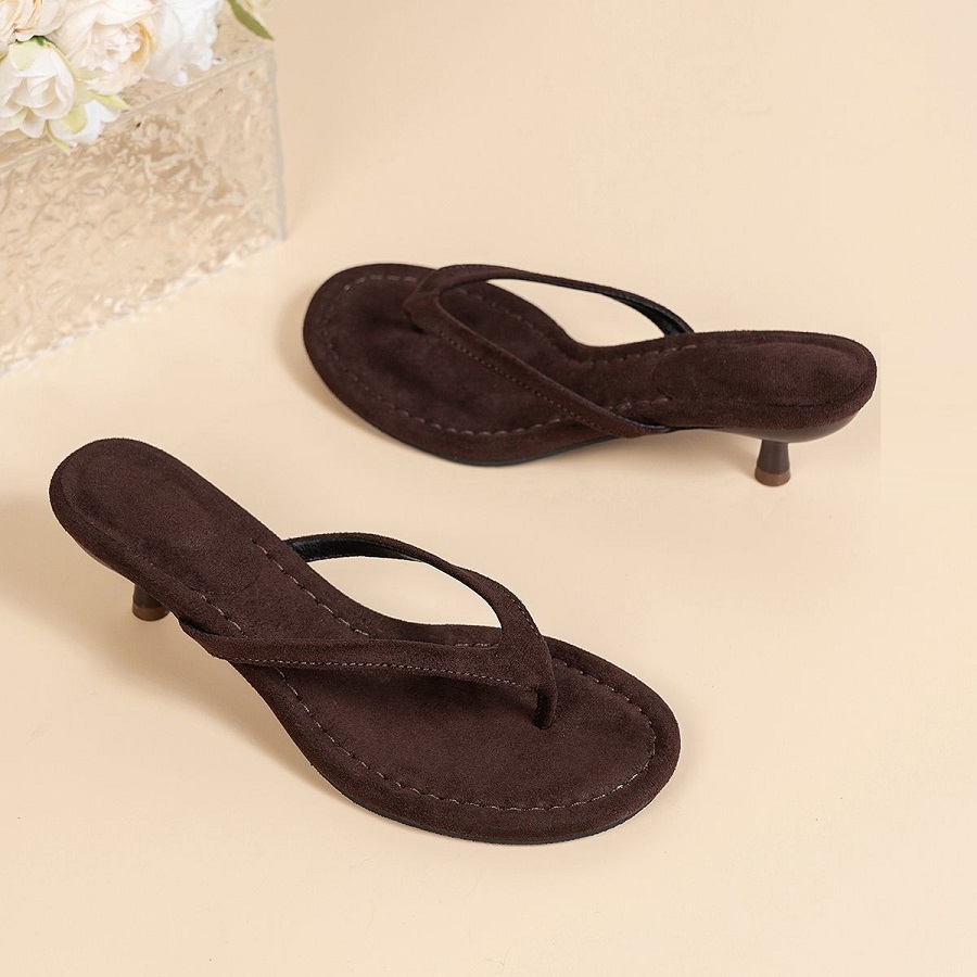 Women'S Shoes Toms - 新型フェイクスエードヒール付きトングサンダル レディース ミニ薄型キトゥンヒール スライドシューズ 女性用 滑り止め