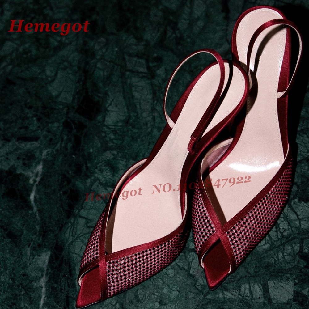 Women'S Shoes Burgundy - 女性用 バーガンディ サテン メッシュ スリングバック ヒール