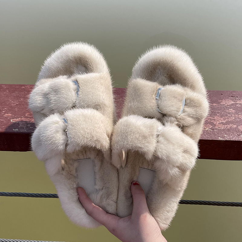 Women Shoes Mk - レディースサンダル スリッパ オープントゥ ラグジュアリー ミンクファー スリッパ