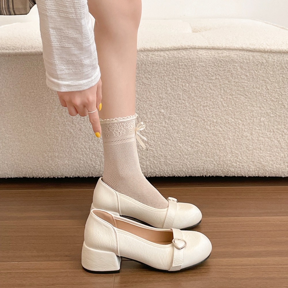 Women Shoes Mk - フランス風チャンキーヒールシルバーシングルシューズ レディース 2026年春新作 ハイヒール メリージェーン 小さめレザーシューズ