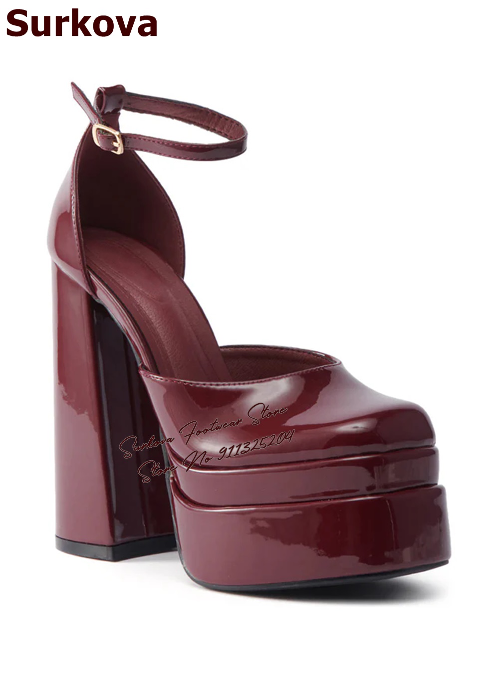 Surkova ブルゴーニュパテントレザーチャンキーヒールド - Women'S Shoes Burgundy のレビューと価格