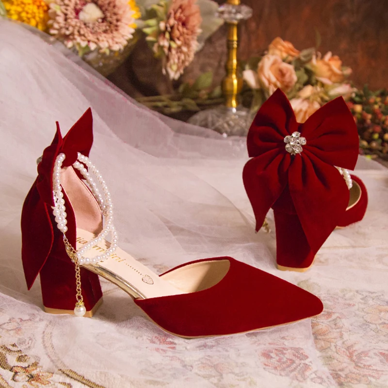 高級パールチェーンバーガンディレッドスエードパンプス女性夏  - Women'S Shoes Burgundy のレビューと価格