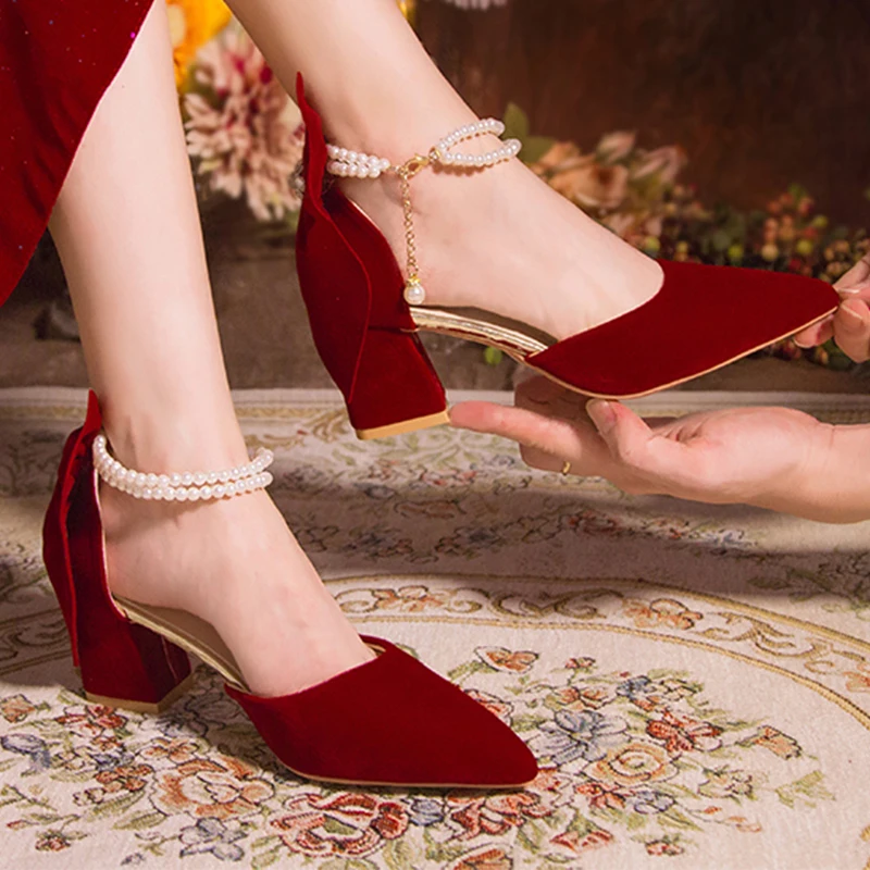 高級パールチェーンバーガンディレッドスエードパンプス女性夏  - Women'S Shoes Burgundy のレビューと価格