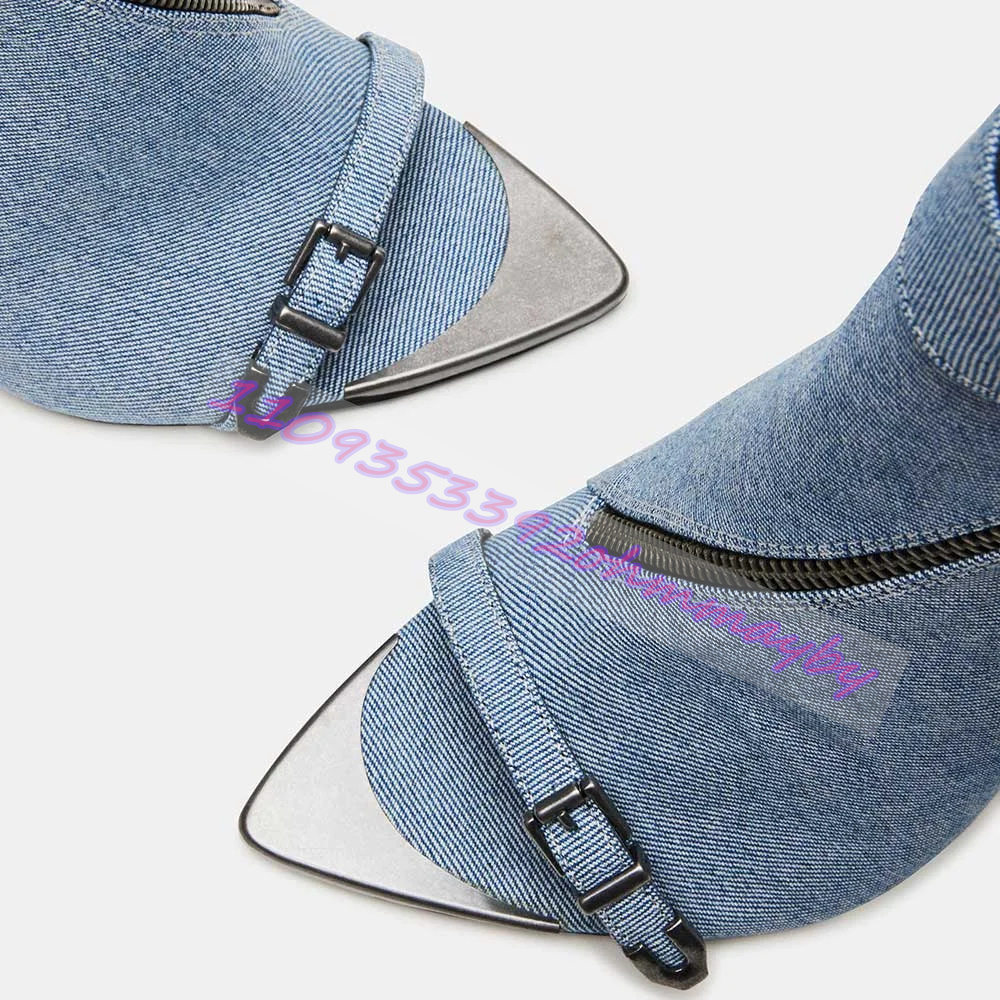 夏ブルーデニムポインテッドトゥブーツ女性用オープントゥレザー - Suede Ankle Boot のレビューと価格
