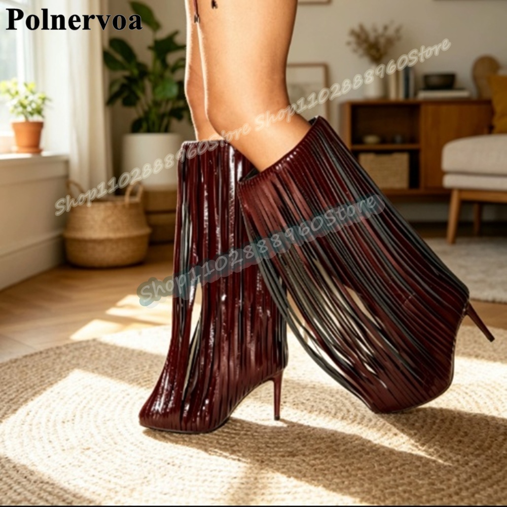 ビッグサイズのニーハイバーガンディタッセルブーツ、薄いハイヒ - Women'S Shoes Burgundy のレビューと価格