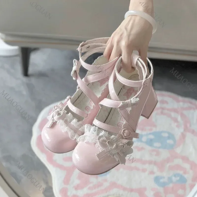 ロリータレッドハイヒールキュートパンプスシューズ春秋レース厚 - Patent Leather Pump のレビューと価格