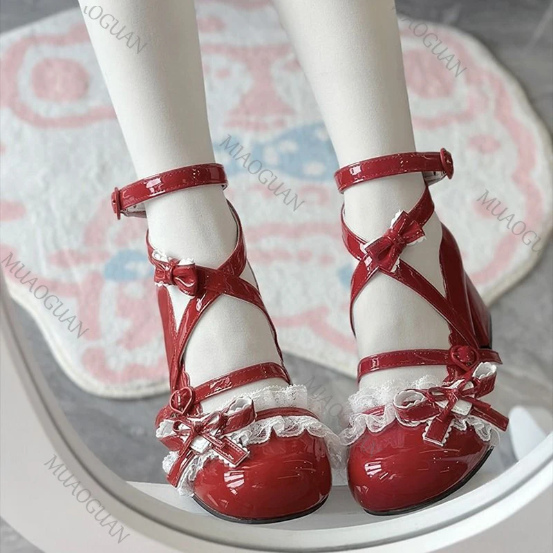 ロリータレッドハイヒールキュートパンプスシューズ春秋レース厚 - Patent Leather Pump のレビューと価格