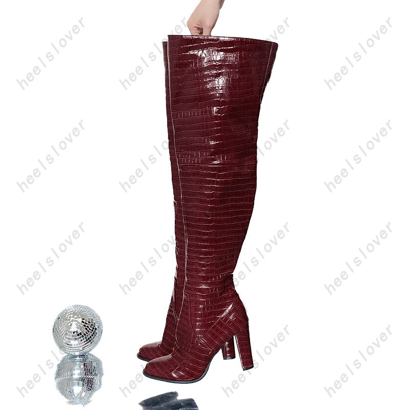 女性手作り冬用太ももブーツ石模様チャンキーヒールラウンドトゥ - Women'S Shoes Burgundy のレビューと価格