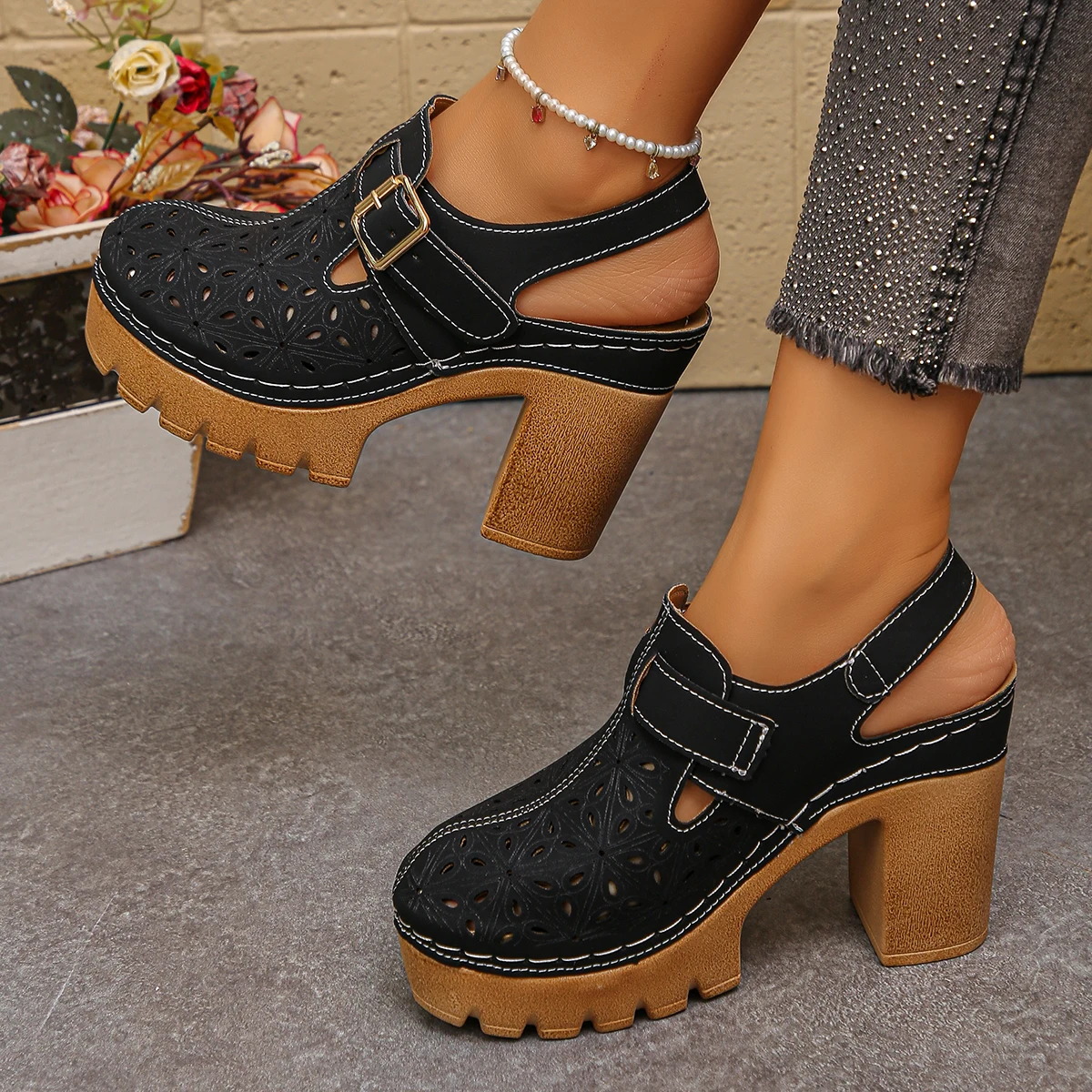 大きいサイズの女性の厚いヒールサンダル夏の新しいローマスタイ - Women Shoes Model のレビューと価格