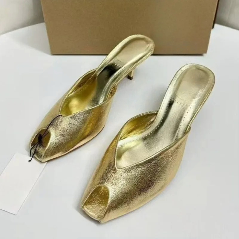 レディースパンプス デザイナーゴールド ミュールサンダル ラ - Peep Toe Heels のレビューと価格