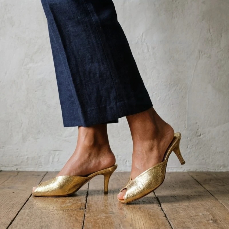 レディースパンプス デザイナーゴールド ミュールサンダル ラ - Peep Toe Heels のレビューと価格
