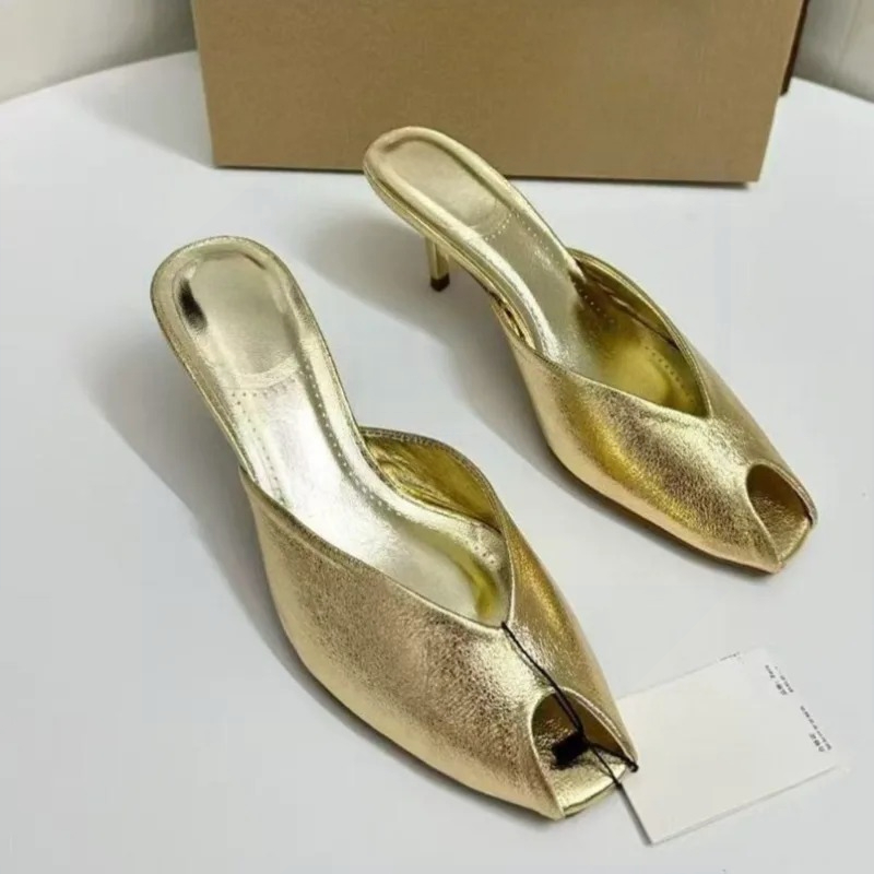 レディースパンプス デザイナーゴールド ミュールサンダル ラ - Peep Toe Heels のレビューと価格