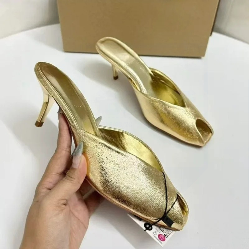 レディースパンプス デザイナーゴールド ミュールサンダル ラ - Peep Toe Heels のレビューと価格
