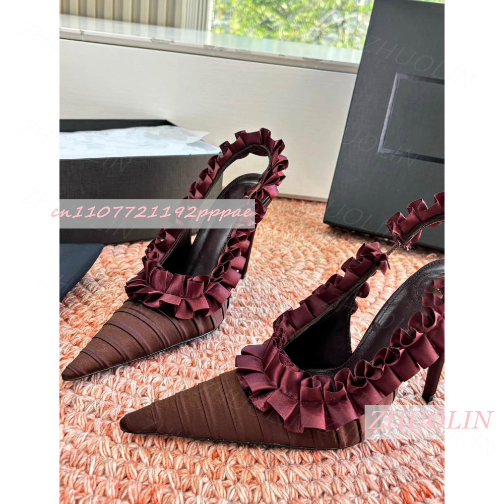スリングバックヒール バーガンディ プリーツサテン ラッフル - Women'S Shoes Burgundy のレビューと価格